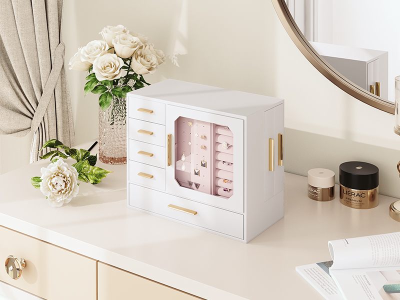 Šperky se skleněným oknem, Organizátor šperků s velkou kapacitou, Úložiště šperků, Přenosný organizátor organizátoru šperků, Moderní styl, Bílé a lehké zlato