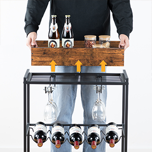 bar cart for the home, 3-tier home rolling cart with wine rack and cup holder, beverage storage cart with removable wooden tray, for kitchen, dining rooms, bar, rustic brown