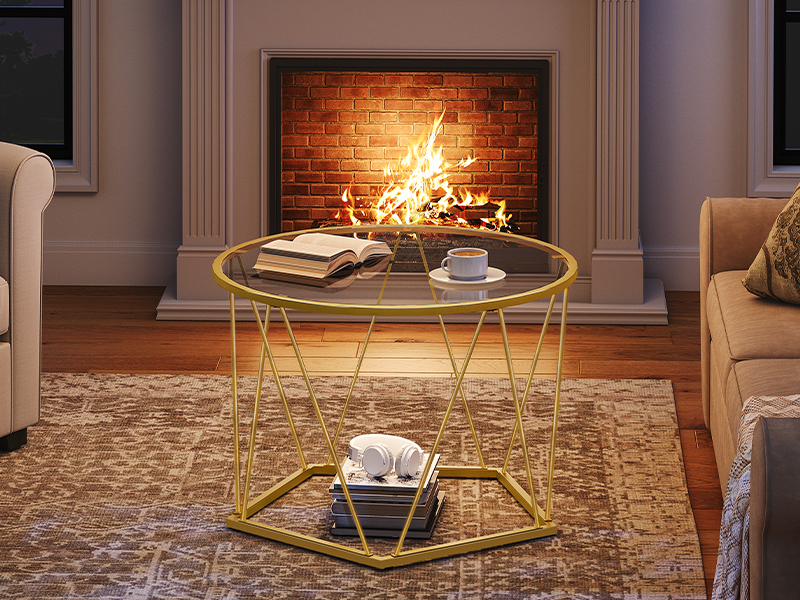 mesa de café, mesa de café de vidro dourado para sala de estar, 27.6" mesa de centro redonda, 1 Tabela central da camada, estrutura de metal, Design hexagonal, Para um pequeno espaço, Sala de recepção, apartamento, dourado