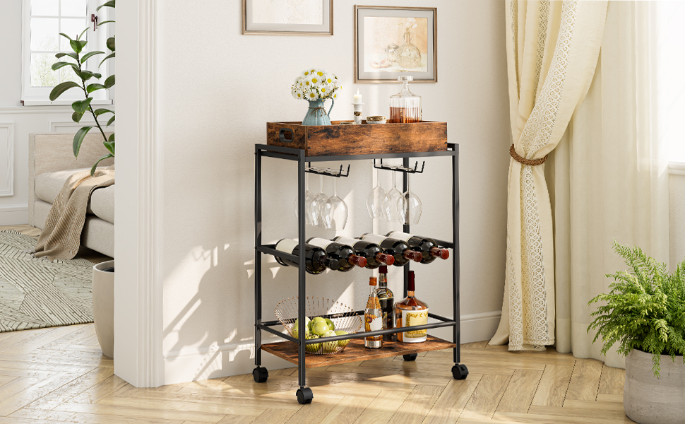 bar cart for the home, 3-tier home rolling cart with wine rack and cup holder, beverage storage cart with removable wooden tray, for kitchen, dining rooms, bar, rustic brown