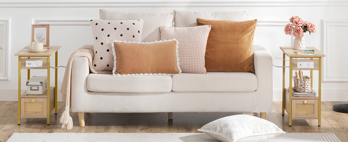 Stolik końcowy ze stacją ładującą, Wąski stolik boczny z szufladą i portami USB & Gniazdka elektryczne, Stoliki nocne z szafką nocną do małych pomieszczeń, Sypialnia, Salon, Biały dąb i złoto