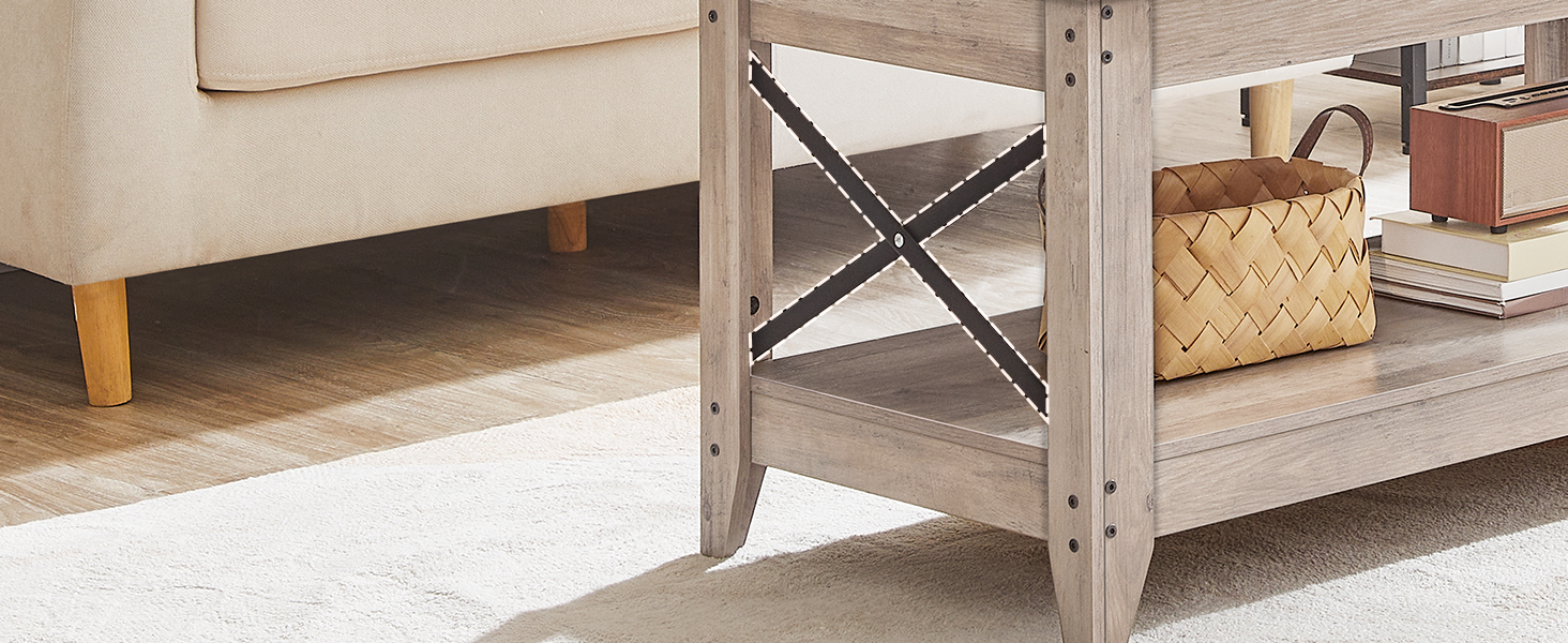 mesa de café, Mesa de café da Farmhouse para sala de estar, 2-mesa central de camada com prateleira de armazenamento, X Design Metal Side Frame, montagem fácil, para apartamento, Sala de recepção, cinza