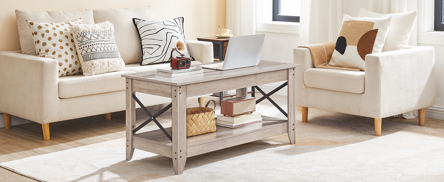 mesa de café, Mesa de café da Farmhouse para sala de estar, 2-mesa central de camada com prateleira de armazenamento, X Design Metal Side Frame, montagem fácil, para apartamento, Sala de recepção, cinza