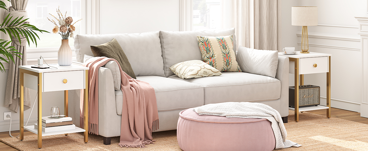 Mesita de noche con estación de carga, Mesa auxiliar con puertos USB, Mesa auxiliar con cajón y estante de almacenamiento, Mesita de Noche para Espacios Pequeños y Dormitorio, Blanco y dorado