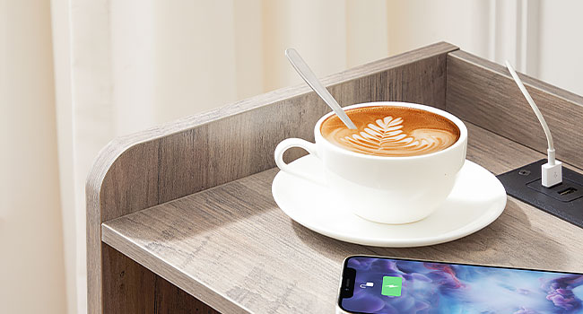 nightstand with charging station, end table with open drawer, side table with usb ports and outlets, for small spaces, bedroom, grey