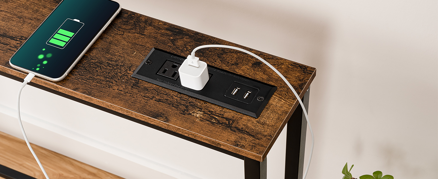 5.9" Bag sofabord tynd med opladningsstation, 63" smal konsolbord med stikkontakter, lang og tynd sofabord, Slim indgangsbord, Rustik brun