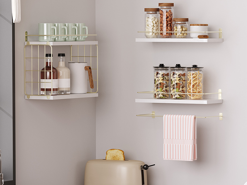 4+1 Laag drijvende planken, badkamerplanken over toilet met draadopslagmand, Muur gemonteerd zwevende plank voor wanddecoratie, muurplank voor slaapkamer woonkamer keuken wit en goud