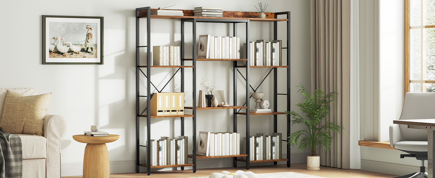 Triple Column 4-Tier Bookshelf, Open Storage Display Rack,