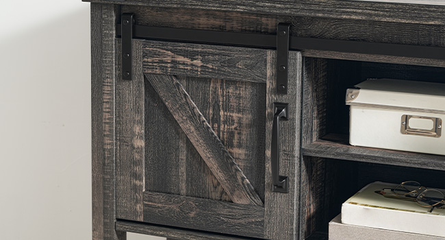 46" Tábla Iontrála Teach Feirme le Stóráil, tábla consóil caol le seilfeanna oscailte agus 2 caibinle, Tábla tolg le doirse sciobóil sleamhnáin, Chun halla, seomra suí, Grey Vintage