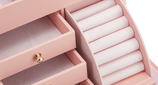 Joyero con espejo, Caja organizadora de joyas de gran capacidad., Estuche de joyería portátil para mujeres, Zonificación múltiple, Estilo moderno, Rosa