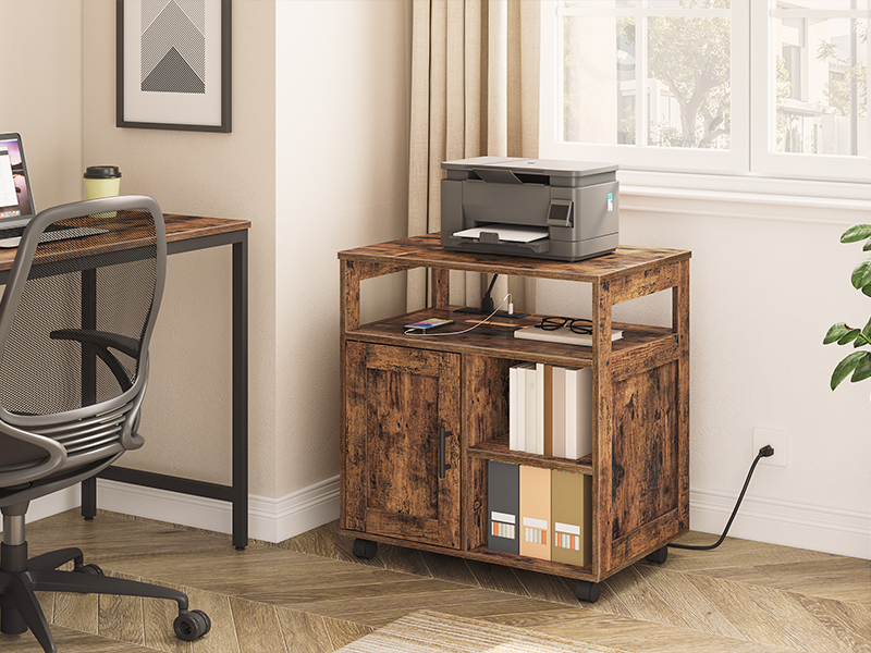 soporte de impresora con estación de carga, gabinete de almacenamiento de madera enrollable sobre ruedas, 3 mesa de carrito de impresora de nivel para la oficina en casa marrón rústico