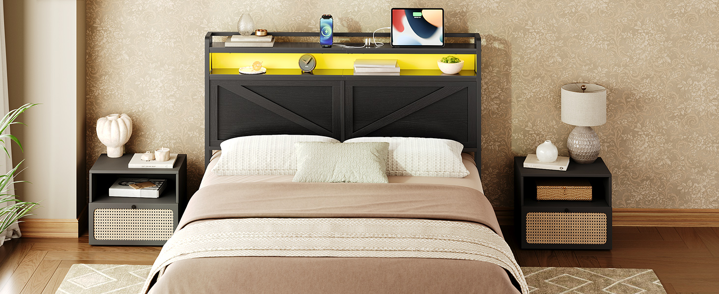 Queen Size Headboard, Headboard with Charging Station and LED Light Strip, 2-Tier Storage Headboard with Outlets and USB Ports, Industrial Style, for Queen Size Beds,