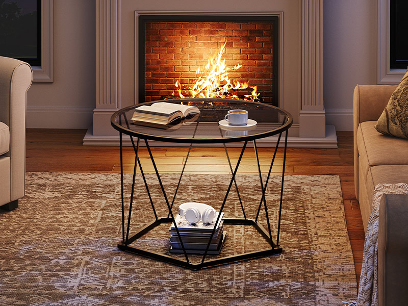 Dohányzóasztal, Fekete üveg dohányzóasztal a nappalihoz, 27.6" Kerek dohányzóasztal, 1 Rétegközponti asztal, Fém keret, Hatszögletű kialakítás, a Small Space számára, Fogadószoba, Lakás, Fekete