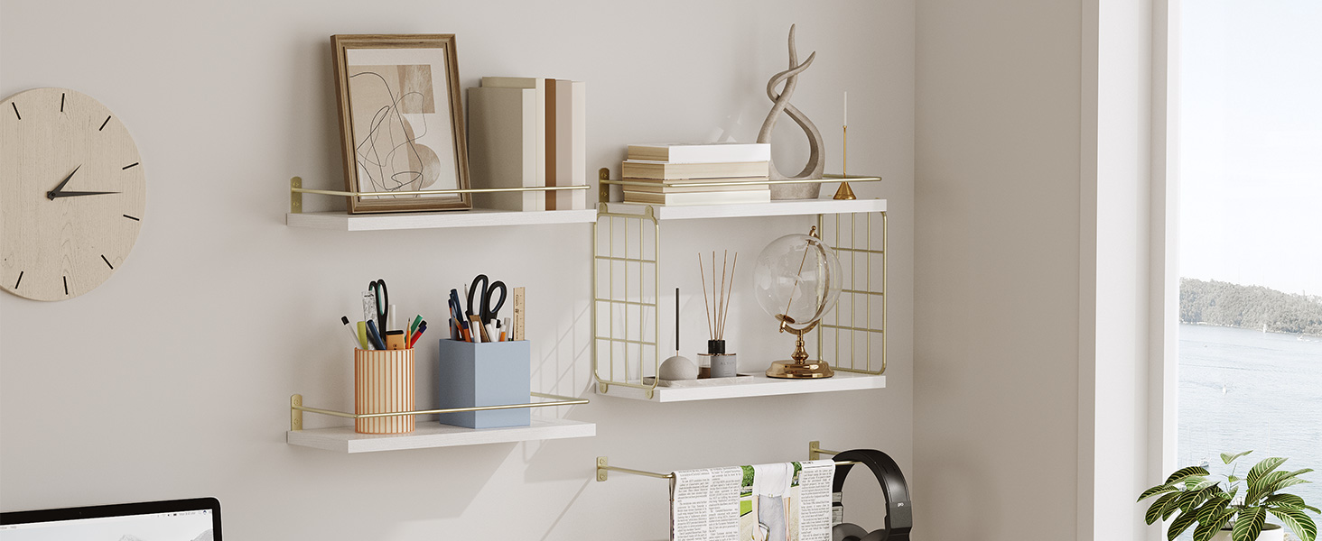 4+1 Laag drijvende planken, badkamerplanken over toilet met draadopslagmand, Muur gemonteerd zwevende plank voor wanddecoratie, muurplank voor slaapkamer woonkamer keuken wit en goud