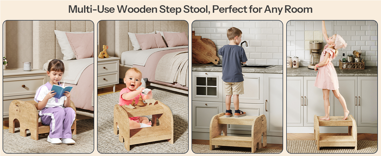 Opstapje voor peuters, Olifant-vormige houten tweedaags stapstoel voor kinderen