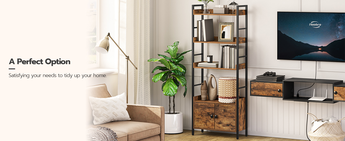 4-Βιβλιοθήκη με πόρτες, Βιομηχανική ξύλινη βιβλιοθήκη με αποθήκευση, ράφι αποθήκευσης με προστατευτικές ράγες, για σαλόνι, γραφείο στο σπίτι, ρουστίκ καφέ και μαύρο