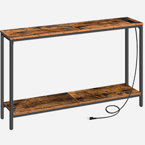 Konsolitaulukko sähköpoistoilla ja USB -portteilla, kapea sisäänkäynnin pöytä latausasemalla, sohvapöytä sohvan takana, sisäänkäynnille, käytävällä, eteinen, maalaismainen ruskea