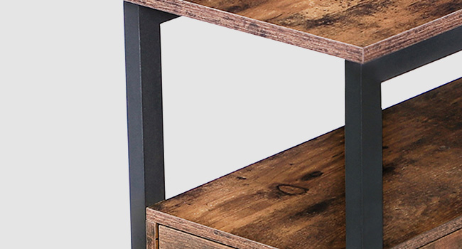 Boční stůl postele, Úzký židle se zásuvkou a otevřenou úložnou policí, Noční stojan pro malé prostory, stabilní a robustní konstrukce, Dřevěný vzhled přízvuku nábytek, Rustikální hnědá a černá