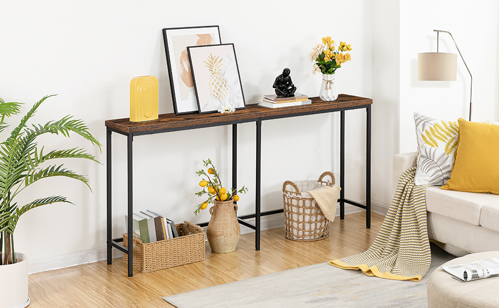 طاولة وحدة التحكم, طاولة أريكة ضيقة, 63" جدول المدخل, طاولة كونسول طويلة جدًا, خلف الأريكة, طاولة مدخل نحيفة للبهو, غرفة الجلوس, غرفة نوم, ريفي البني والأسود