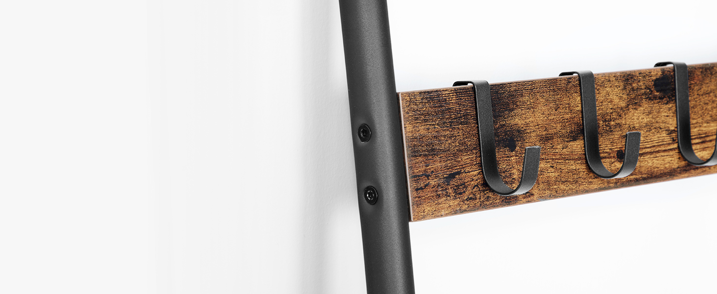 Scala coperta, 5-Portasciugamani da appoggio a più livelli con ganci, Porta coperte da parete, Mensola decorativa per scaletta espositiva, Sciarpe, Industriale, Soggiorno, Camera da letto, Rustico marrone e nero