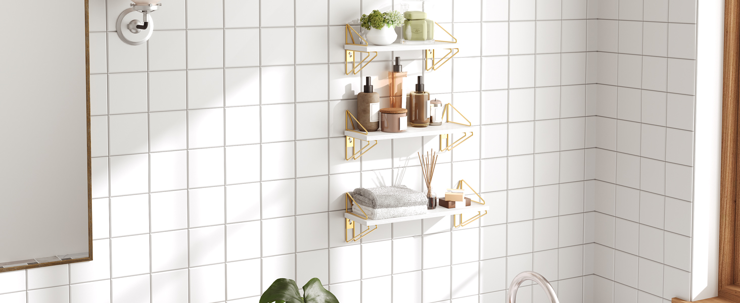 Úszó polcok, Úszó fali polcok, Állítsa be 3, Falra szerelt függő polc, Dekoratív tárolópolcok, a Nappalihoz, Hálószoba, Előszoba, Konyha, Fürdőszoba, Fehér és arany