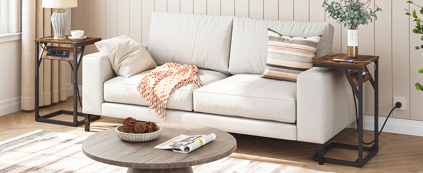 Приставний стіл у формі С, Диванний столик із зарядною станцією, 2 Підключіть розетки та 2 USB порти, Вузький стіл для ліжка для невеликих просторів, Столик для ноутбука для дивана, Сільський коричневий і чорний