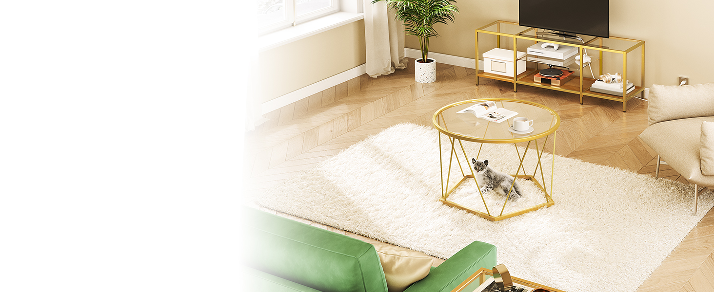 mesa de café, mesa de café de vidro dourado para sala de estar, 27.6" mesa de centro redonda, 1 Tabela central da camada, estrutura de metal, Design hexagonal, Para um pequeno espaço, Sala de recepção, apartamento, dourado