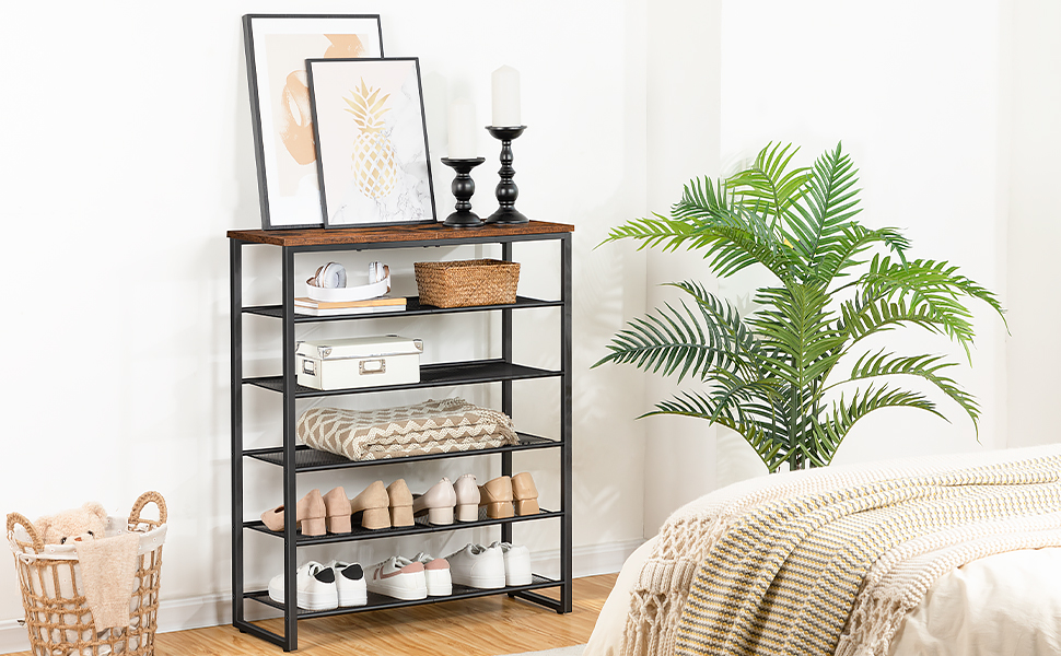 Полка для обуви, 6-Ярусный органайзер для обуви, для 18-24 Пар обуви, Полка для хранения обуви большой емкости, Прочный и стабильный, для прихожей, Шкаф, Коридор, Комната с несколькими кроватями, Промышленный, Рустик Браун