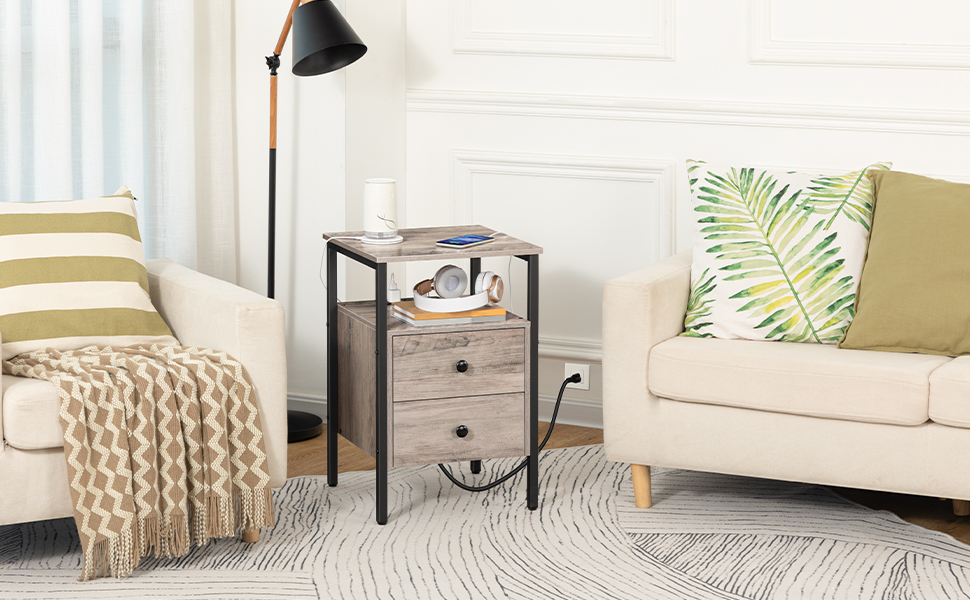 koncová tabulka s nabíjecí stanicí a porty USB, boční stůl s 2 Zásuvky a úložná police, Jednotky pro malé prostory a obývací pokoj, Šedá a černá