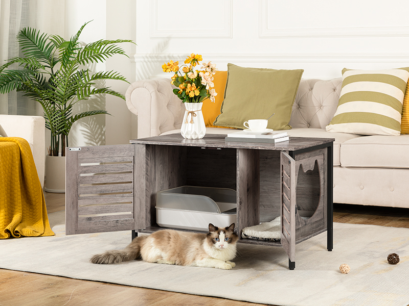 skříňka na kočičí krabice, Skrytý nábytek na krabici s odpadkem s podložkou závěrky a kočičí hlavou, vstup do kočky může být vlevo nebo vpravo, Kočičí toarota zapadla většinu krabice na odpadky, šedá