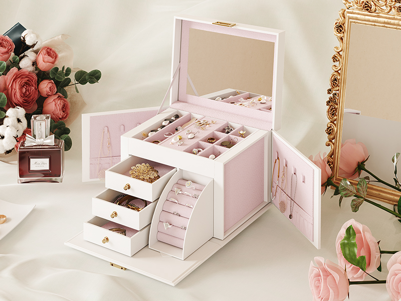 Ékszerdoboz női lányoknak, Nagy kapacitású ékszertároló doboz, Hordozható ékszerszervező, Többszörös zónás, Nagy tükör, Modern stílus, Fehér