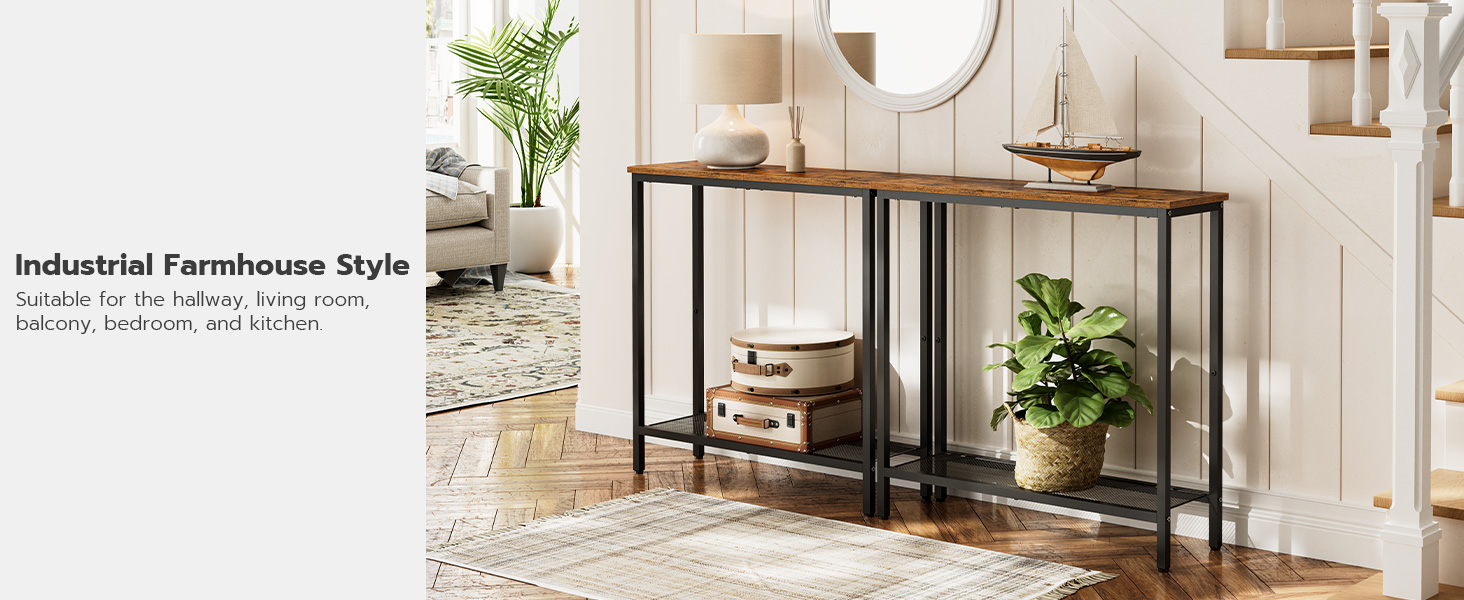 narrow console table, small entryway table with shelf, 2 tier thin sofa table, side table, display table, for hallway, living room, bedroom, foyer, rustic brown and black