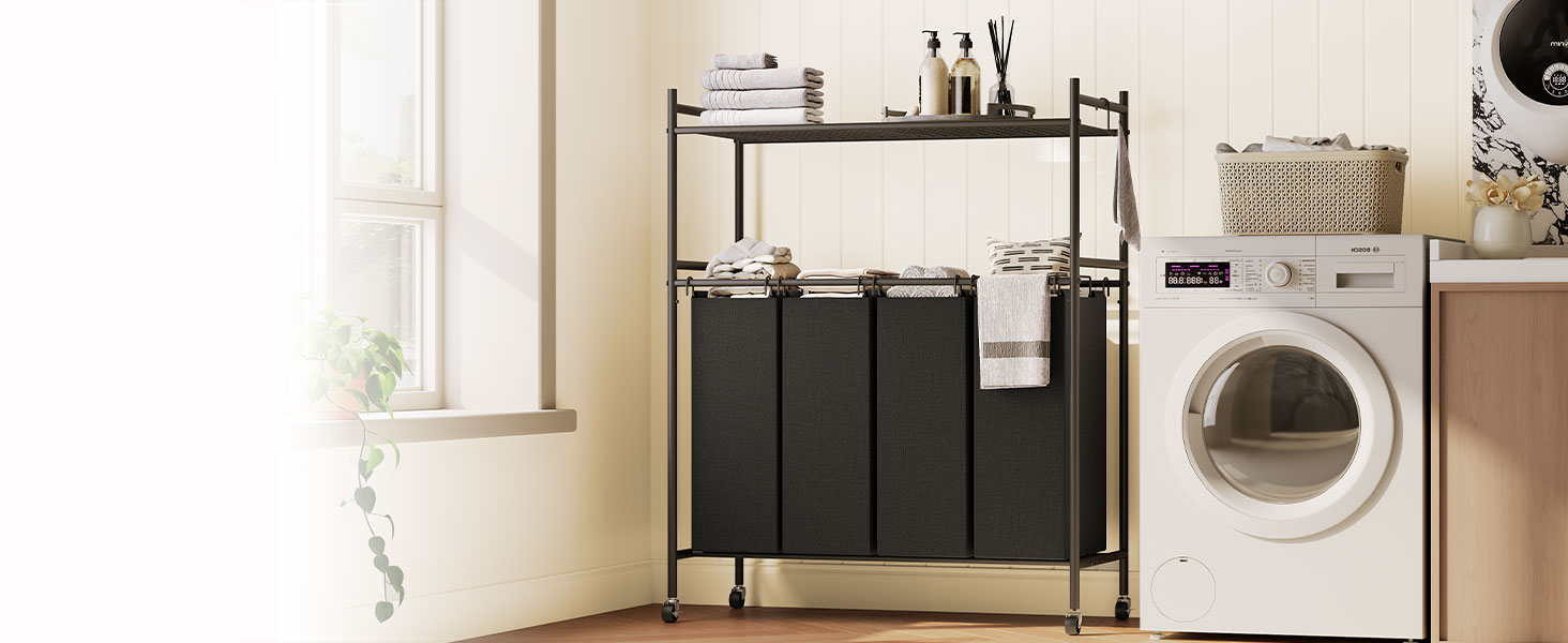 Třídič prádla 4 Sekce, Válcování prádelny s kolami, Košík na prádlo s policí s pletivou a odnímatelnými háčky ve tvaru písmene S, Pevný kovový rám, Organizace prádelny, Černý