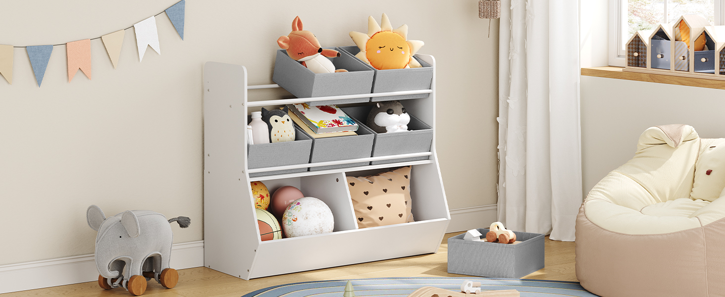 Organizador de juguetes, Estantería infantil con 6 Contenedores de almacenamiento extraíbles, Organizador de almacenamiento para niños, para el dormitorio infantil, Sala de estudio, Dormitorio, Guardería, Estilo simple, Blanco y gris