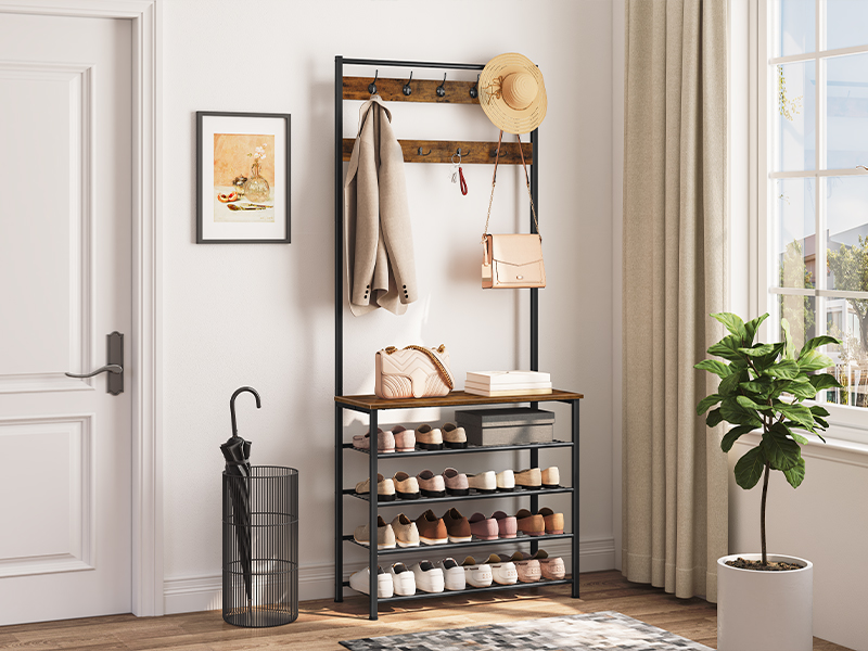 Βιομηχανικό παλτό, Ρουστίκ καφέ και μαύρο ράφι με αποθήκευση παπουτσιών, Δωρεάν δέντρο αίθουσας με 9 Άγκιστρα, Παπούτσι και ράφι παλτών για διάδρομο, Είσοδος, Μεταλλικό Πλαίσιο, Ισχυρός