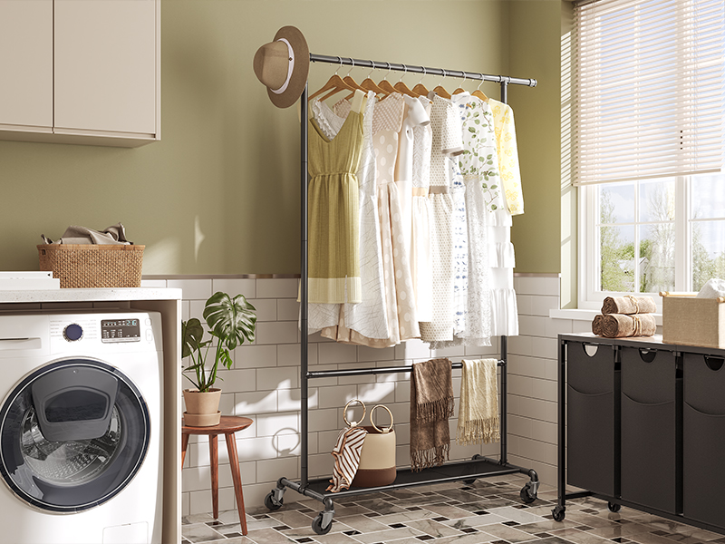 Klærstativ, Dobbeltstangplaggstativ for hengende klær, Rullende klesstativ med hjul, metallramme, Justerbar midtstang, kraftig kommersiell visning, svart