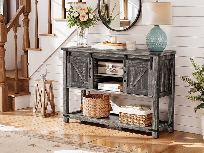 46" Tábla Iontrála Teach Feirme le Stóráil, tábla consóil caol le seilfeanna oscailte agus 2 caibinle, Tábla tolg le doirse sciobóil sleamhnáin, Chun halla, seomra suí, Grey Vintage