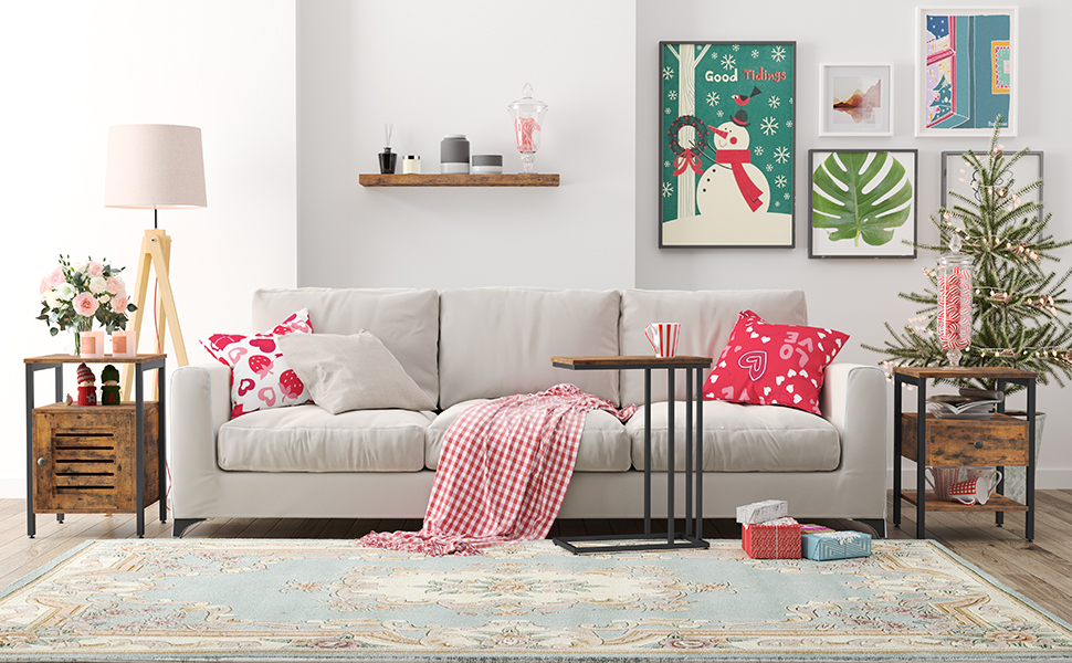 sivupöytä, välipalapöytä raskas sohvapöytä olohuoneeseen, makuuhuone, helppo kokoonpano, tilan säästäminen, puu näyttää korostuskalusteet metallikehyksellä, maalaismainen ruskea