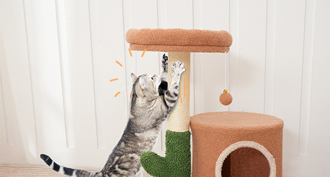 kattetræ til indendørs katte, Cactus Cat Tower til killinger under 8 lb, Lille katte træhus med katte skraber stolpe, Plush Cat Condo med visning af aborre, dinglende klokkekugler, Jorden brun