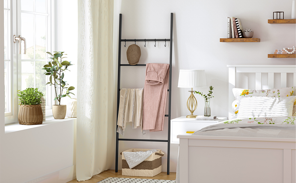 deken ladder, handdoekenrek, 5-Tier ladderplank, Decoratieve muurleunt ladderrek, 5 haken, De blanco geldt, display rek voor badkamer, zwart
