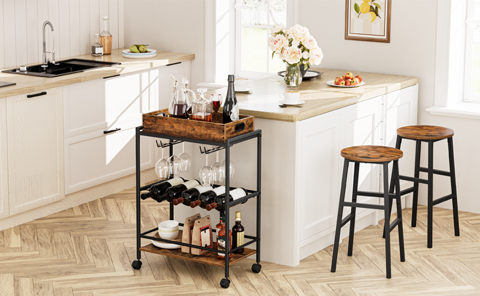 bar cart for the home, 3-tier home rolling cart with wine rack and cup holder, beverage storage cart with removable wooden tray, for kitchen, dining rooms, bar, rustic brown