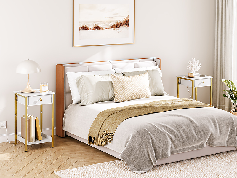 nightstand with charging station, tall side table, end table with drawer and storage shelf, industrial end telephone table, for study, bedroom, space saving, white and gold