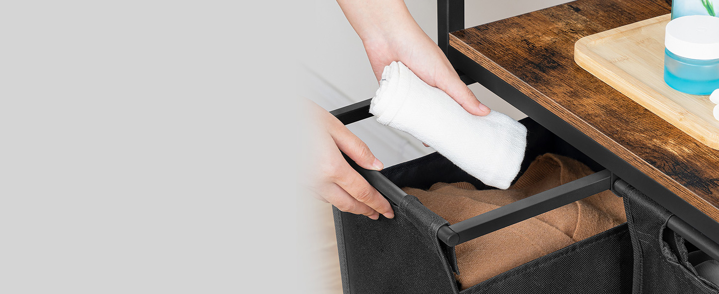 wasmand, wassorder 3 sectie, wasmand met wielen, 3 X 10.5 meid (39.8l), rollende kar, Uittrekbare en verwijderbare wasserijtassen Oxford Fabric, Rustiek bruin en zwart