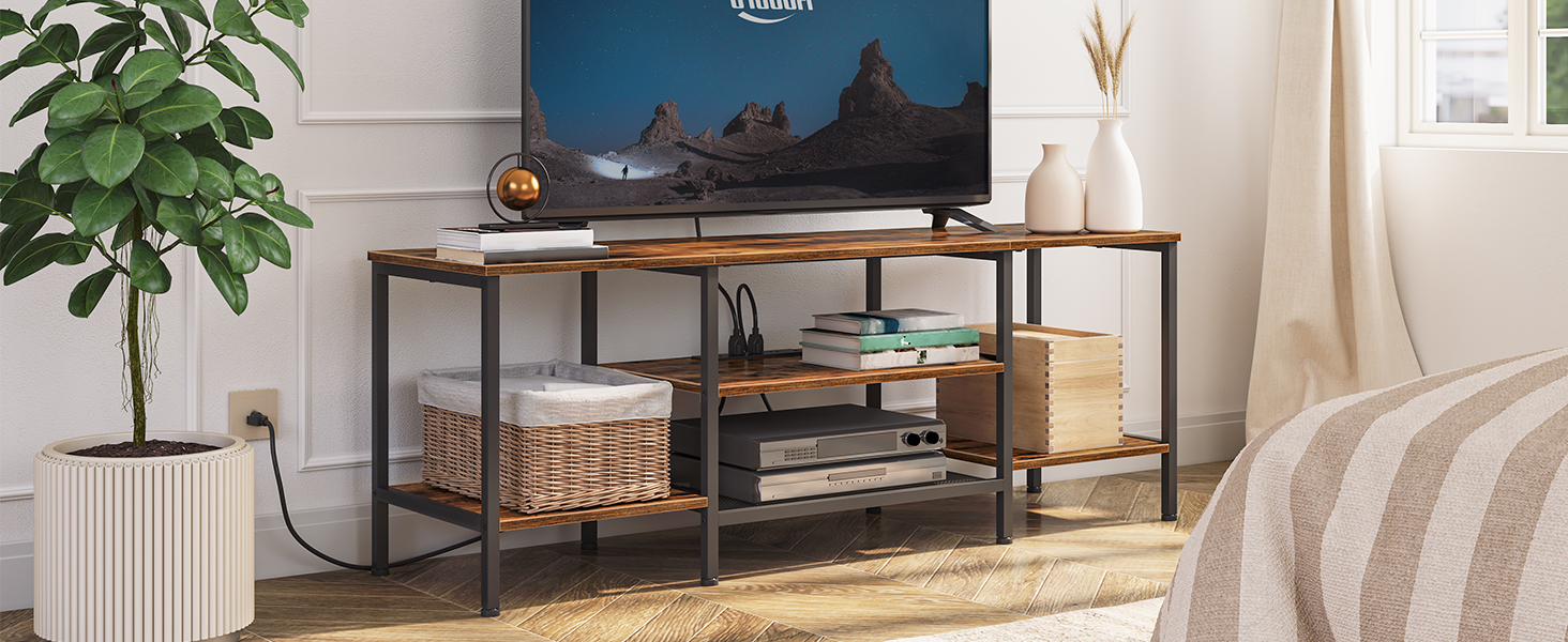 TV Stand mam Mount a Kraaft Outlet 55.1", Ënnerhalung Zentrum mam Swivel TV Montage fir Fernseh bis zu 65", TV Stand Mount mat Späicherregelen fir Wunnzëmmer, Schlofkummer, rustikal brong