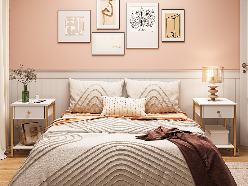 Mesita de noche con estación de carga, Mesa auxiliar con puertos USB, Mesa auxiliar con cajón y estante de almacenamiento, Mesita de Noche para Espacios Pequeños y Dormitorio, Blanco y dorado