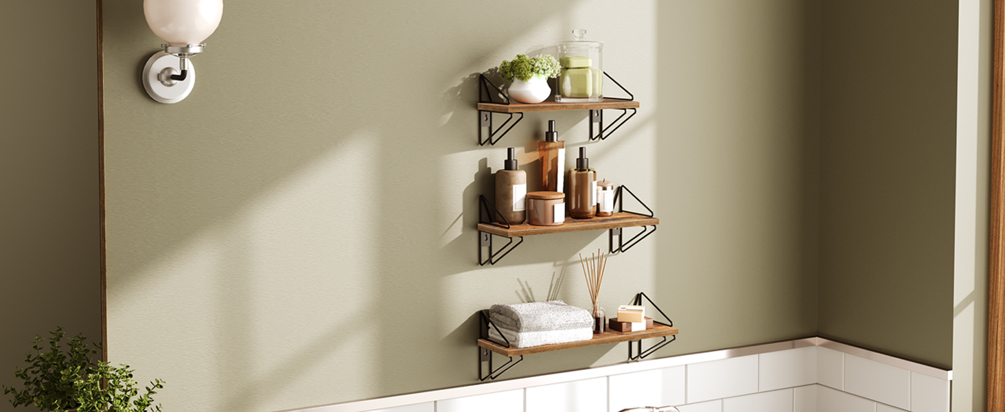 lebegő polcok, fali polcok, halmaz 3, falra szerelt függő polc, dekoratív tárolópolcok, a nappali szobájához, hálószoba, folyosó, konyha, fürdőszoba, rusztikus barna és fekete