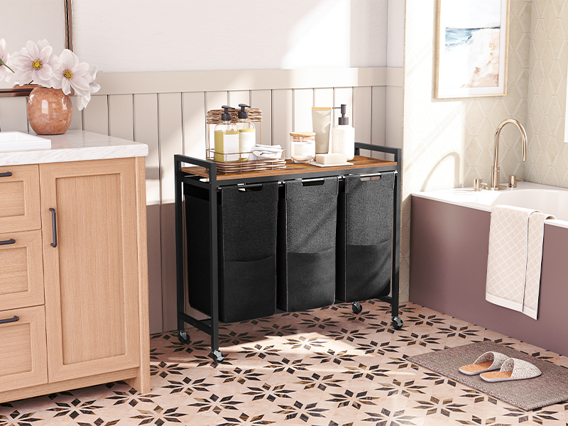 wasmand, wassorder 3 sectie, wasmand met wielen, 3 X 10.5 meid (39.8l), rollende kar, Uittrekbare en verwijderbare wasserijtassen Oxford Fabric, Rustiek bruin en zwart