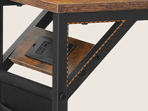 Table de bout en forme de C avec station de recharge, Table d'appoint de canapé avec sac de rangement, Table d'appoint Snack pour petits espaces, Armature en métal, pour le salon, Chambre à coucher, Brun rustique et noir