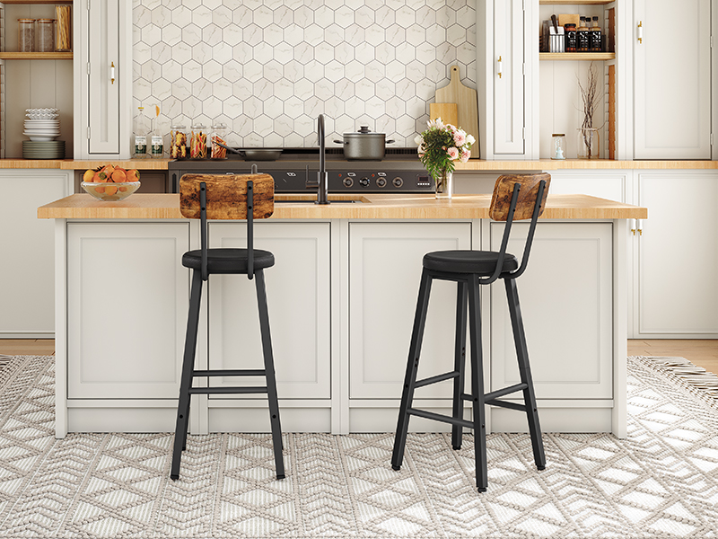 Sada barových stoliček 2, Výškové stoličky, Čalouněné barové židle s opěradlem a nohou, Ergonomický design, pro jídelnu, Kuchyně, Kavárna, Rustikální hnědá a černá