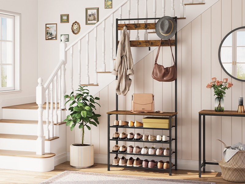 Βιομηχανικό παλτό, Ρουστίκ καφέ και μαύρο ράφι με αποθήκευση παπουτσιών, Δωρεάν δέντρο αίθουσας με 9 Άγκιστρα, Παπούτσι και ράφι παλτών για διάδρομο, Είσοδος, Μεταλλικό Πλαίσιο, Ισχυρός